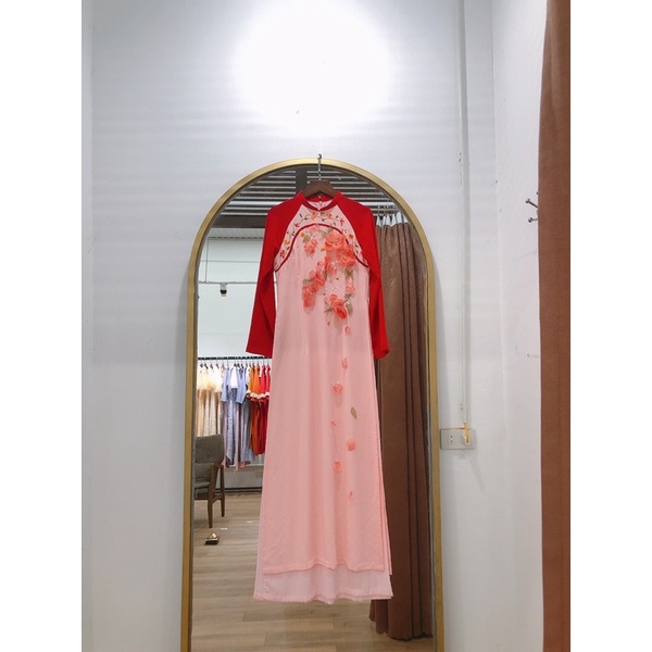 áo dài đính hoa 3D pha tay đỏ 2 lớp cao cấp | HUYENTHAI