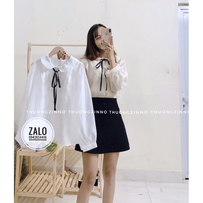 Áo sơ mi đính hạt ngọc cổ nơ đẹp nhẹ nhàng dáng tiểu thư siêu xinh