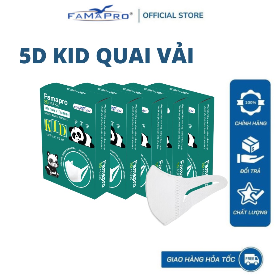 [COMBO 5 hộp] Khẩu trang y tế 3 lớp Famapro 5D BABY QUAI VẢI HỘP 10 CÁI ( dưới 25kg)