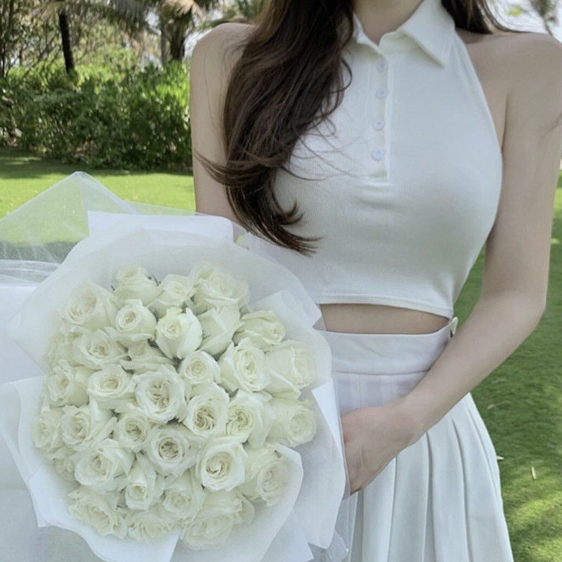 Áo croptop kiểu hở lưng cổ bẻ phối cúc phong cách gợi cảm màu đen trắng | BigBuy360 - bigbuy360.vn