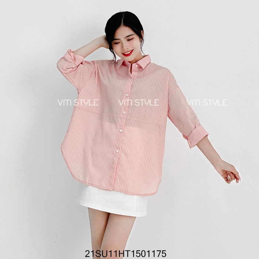 Áo sơ mi tay dài VM STYLE vạt bầu sọc kẻ thời trang nữ công sở VM STYLE 21SU11HT1501