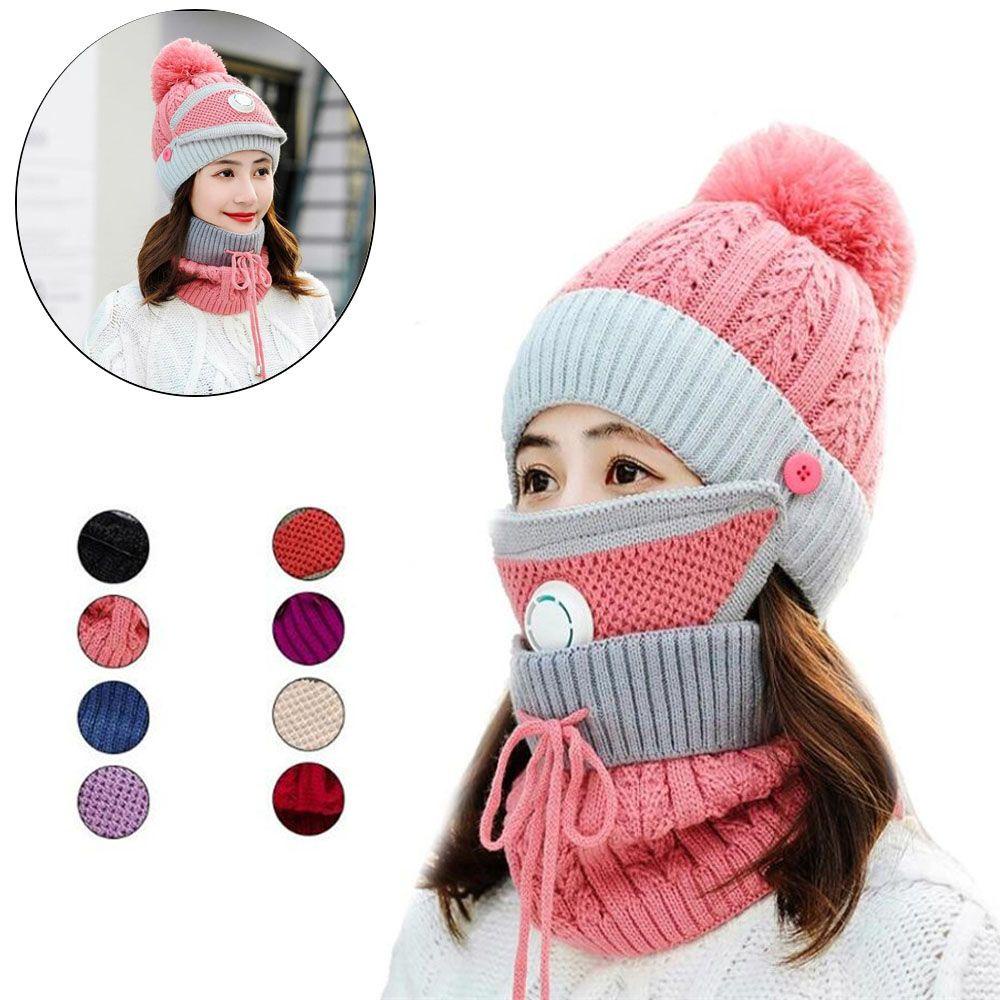 Set 3 Món Mũ Len + Khăn Choàng Cổ + Khăn Choàng Cổ Dệt Kim Giữ Ấm Khi Lái Xe