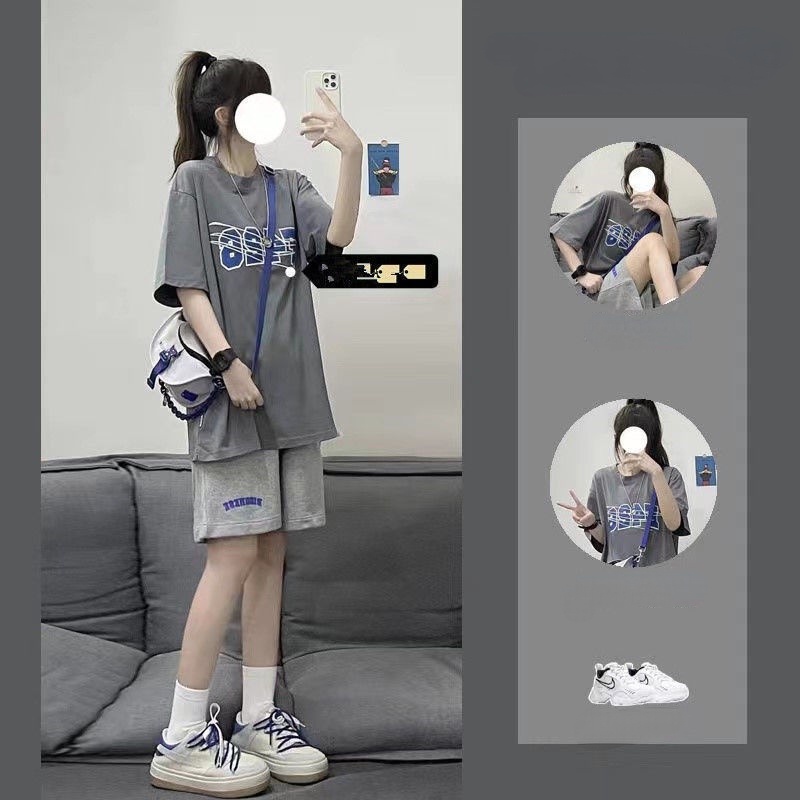 Set Áo Thun Tay Ngắn Form Rộng In Họa Tiết + Quần Short Thời Trang Hàn Quốc Cho Nữ