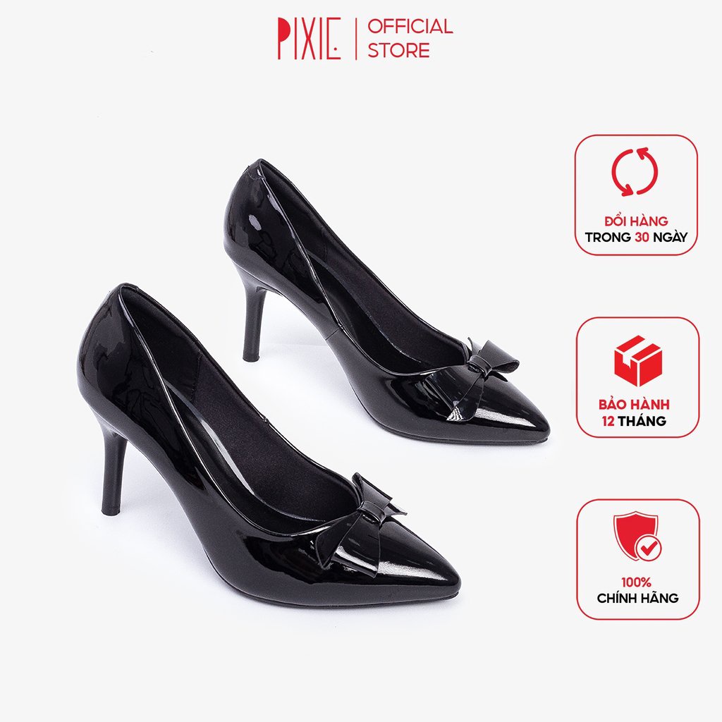 Giày Cao Gót 7cm Da Bóng Gắn Nơ Pixie P259