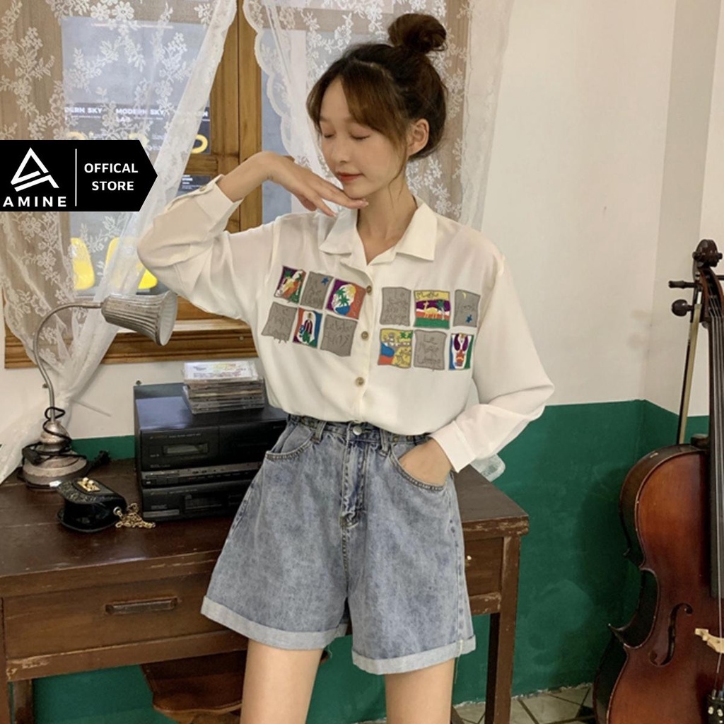 Áo sơ mi nữ đẹp, Sơ mi tay ngắn Free size thêu hình phong cách Hàn Quốc M01 | BigBuy360 - bigbuy360.vn
