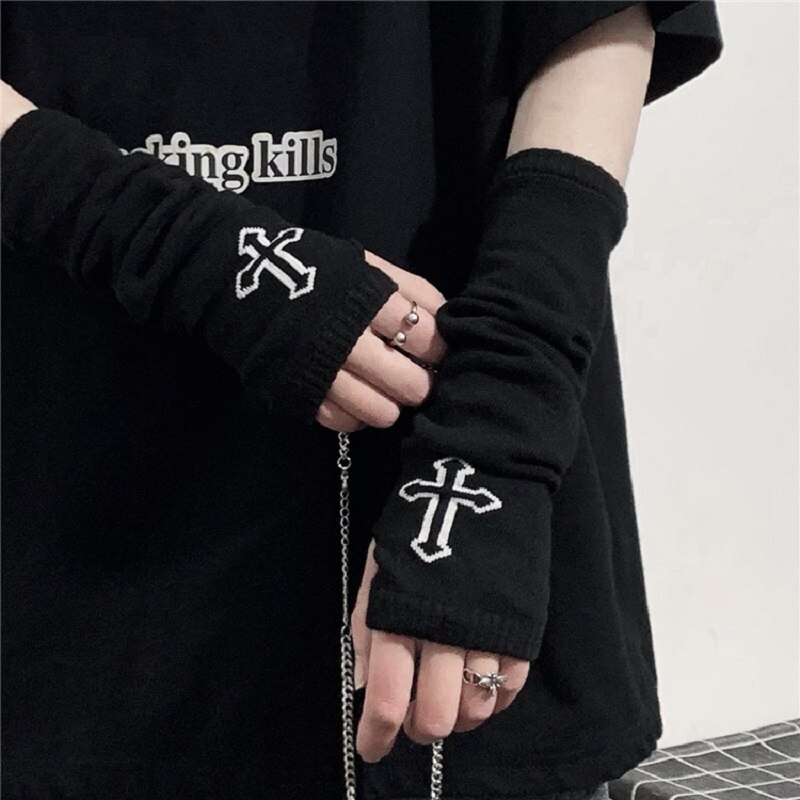 Punk EMO Style Streetwear Women Wrist Arm Warmer Knitted Long Fingerless Gloves Black Mitten Halloween Cross Gloves Dark Moon