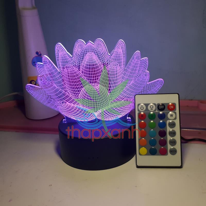 Đèn ngủ, Đèn trang trí Led 3D, Đèn ngủ 16 màu mini có điều khiển Bông Sen