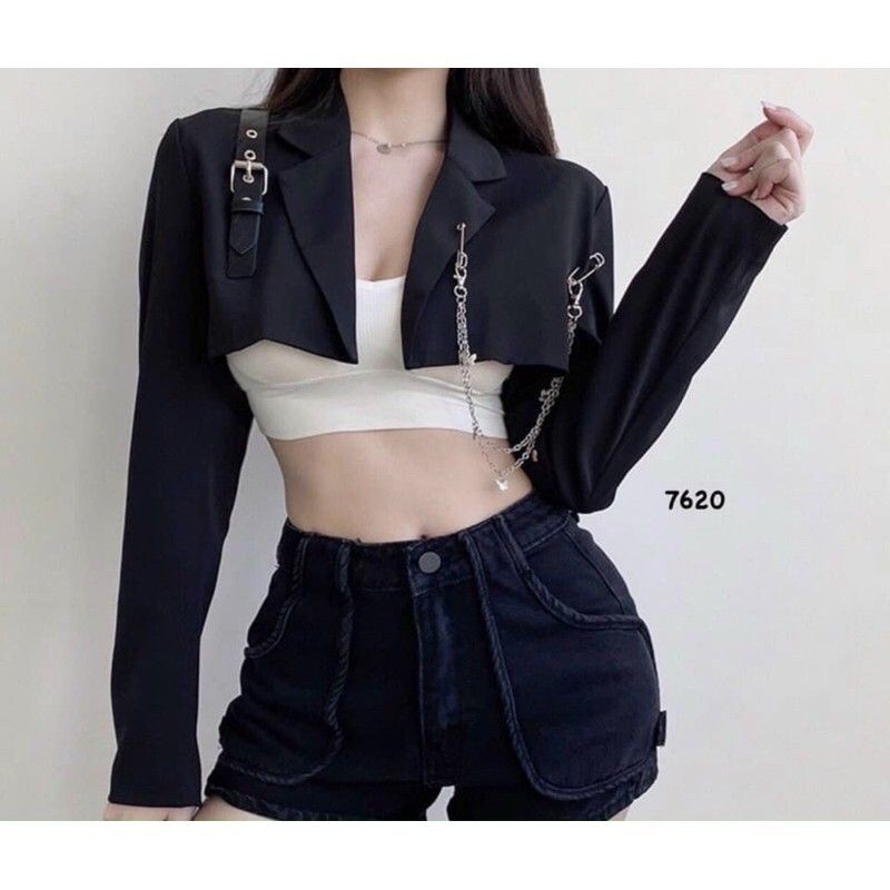 Áo khoác vest phối xích croptop