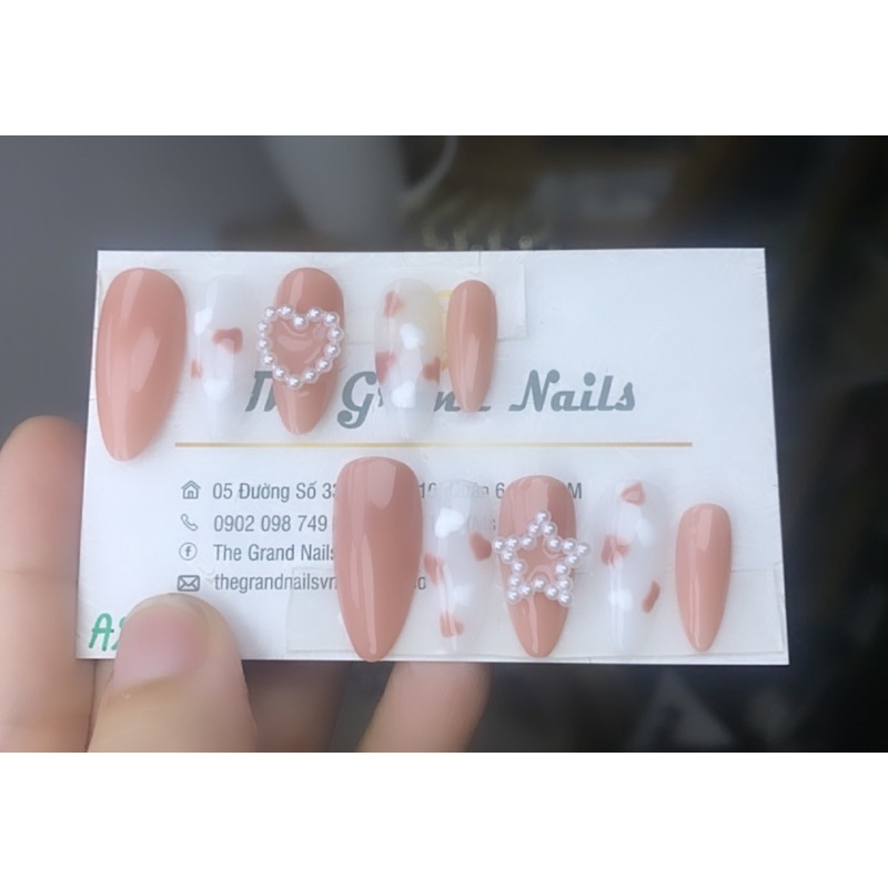 Nailbox Nuna móng úp thiết kế móng tay giả màu Hồng da đính tim sao vẽ ẩn. inbox đôi màu