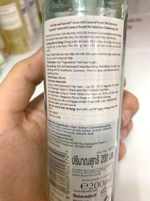 Gel rửa mặt giảm mụn Eucerin ProAcne Solution Cleansing Gel