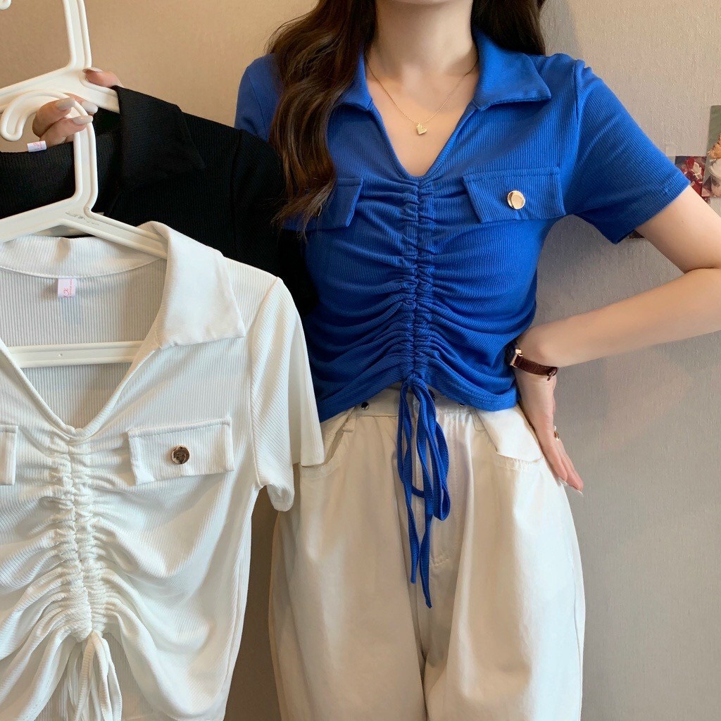Áo croptop cổ trụ tay ngắn co giãn mềm mịn kiểu dáng thời trang-Cún Shop