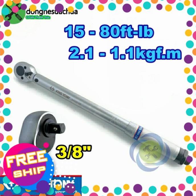 HÀNG CHÍNH HÃNG Cần siết lực 3/8 Kingtony 34323-2B (15-80ft-lb) (2.1-11.1kgf.m) dài 370mm