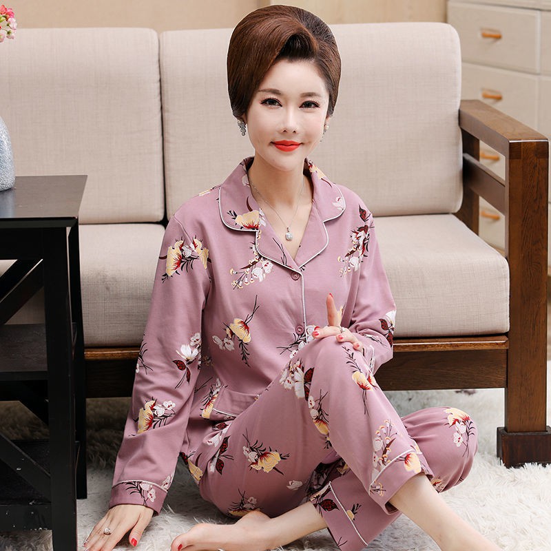 Đồ lót✜Bộ đồ ngủ của bà mẹ trung niên áo len nữ dài tay cotton mùa xuân và thu cộng với size phù hợp người già