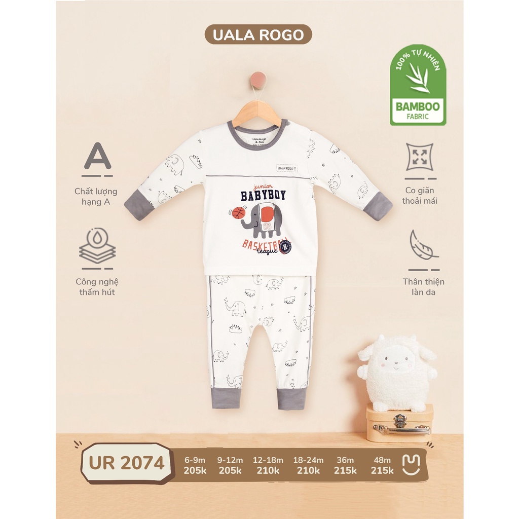 Quần áo trẻ em bộ mặc nhà cho bé Ualarogo 6 tháng - 4 tuổi vải Sợi tre bamboo dài tay mỏng cổ tròn có cúc