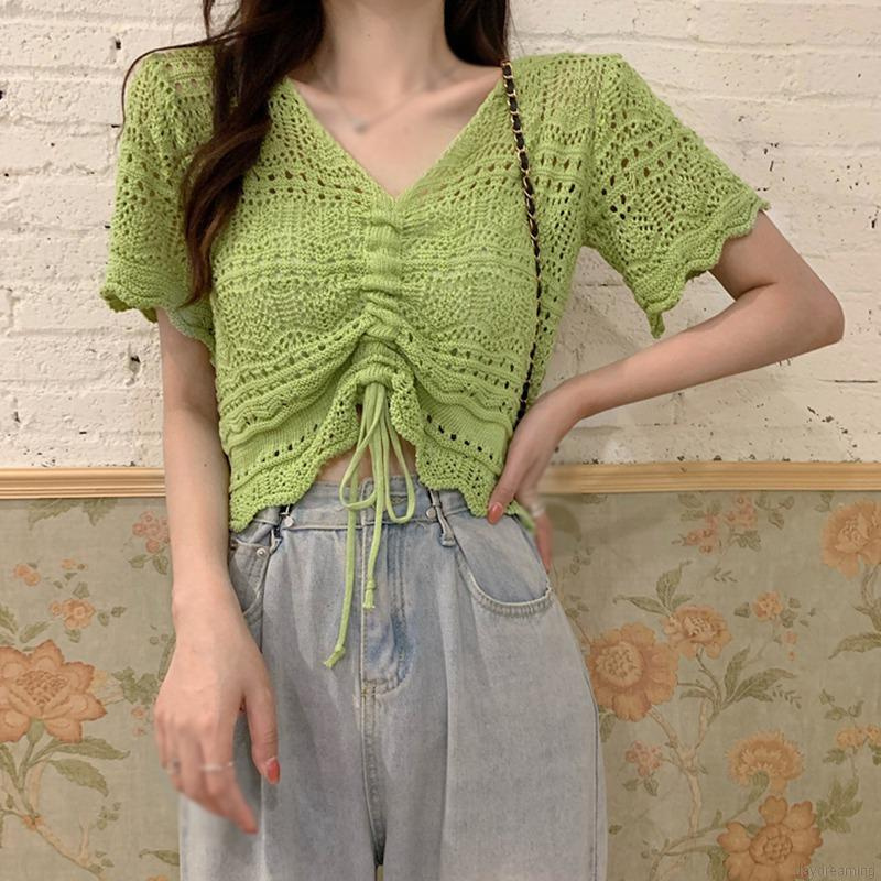 Áo Croptop Tay Phồng Ngắn Cổ Chữ V Thời Trang Hè Cho Nữ