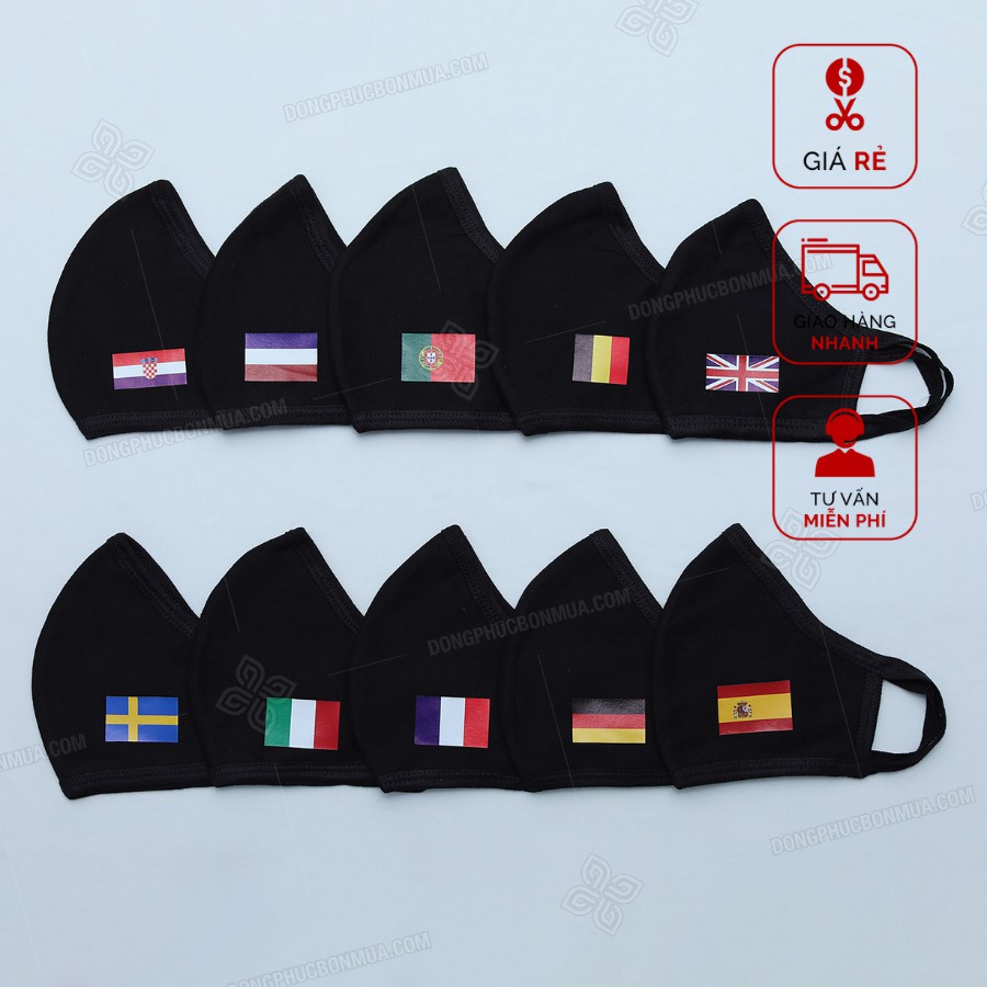 Khẩu Trang Vải Màu Đen Kháng Khuẩn In Cờ Các Quốc Gia Tham Dự EURO Co Giãn, Bảo Vệ Sức Khỏe Toàn Diện