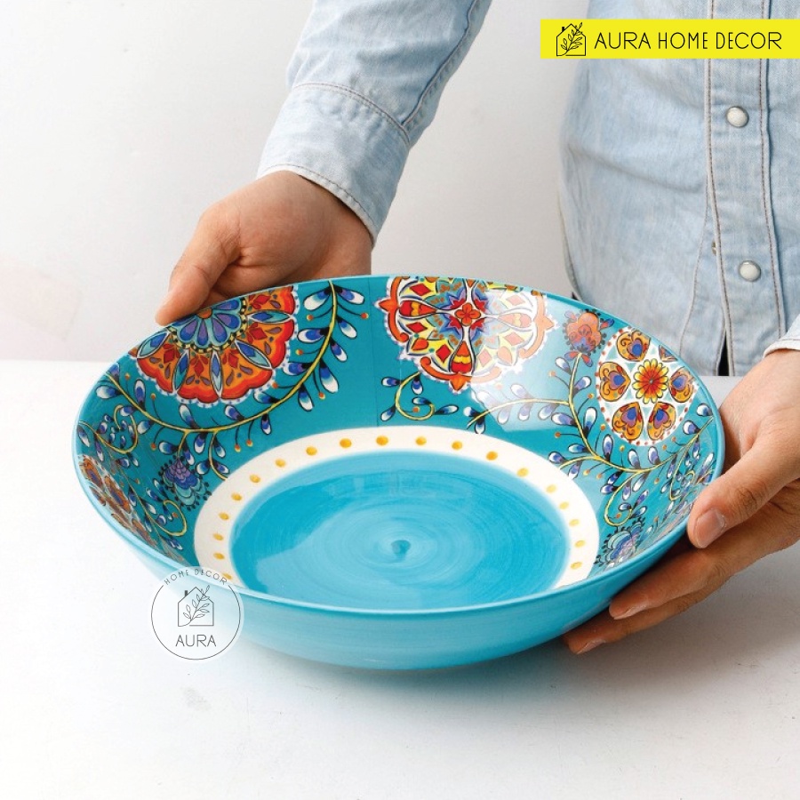 Bộ bát đĩa gốm sứ cao cấp họa tiết hoa lá rực rỡ nên xanh ngọc cực đẹp - An toàn sức khỏe