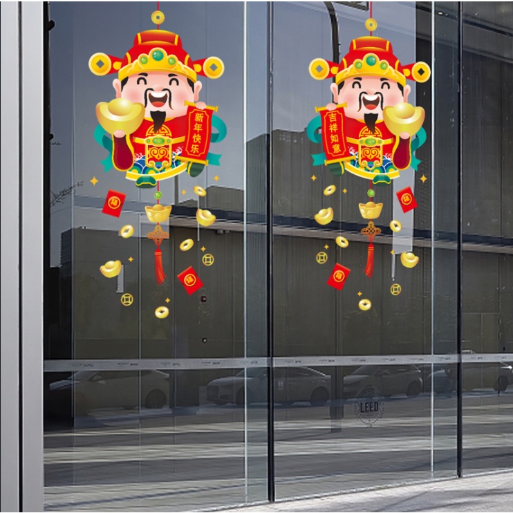 Decal hít tĩnh điện trang trí dán tết - THẦN TÀI CẦM VÀNG VÀ LIỄNG ĐỎ