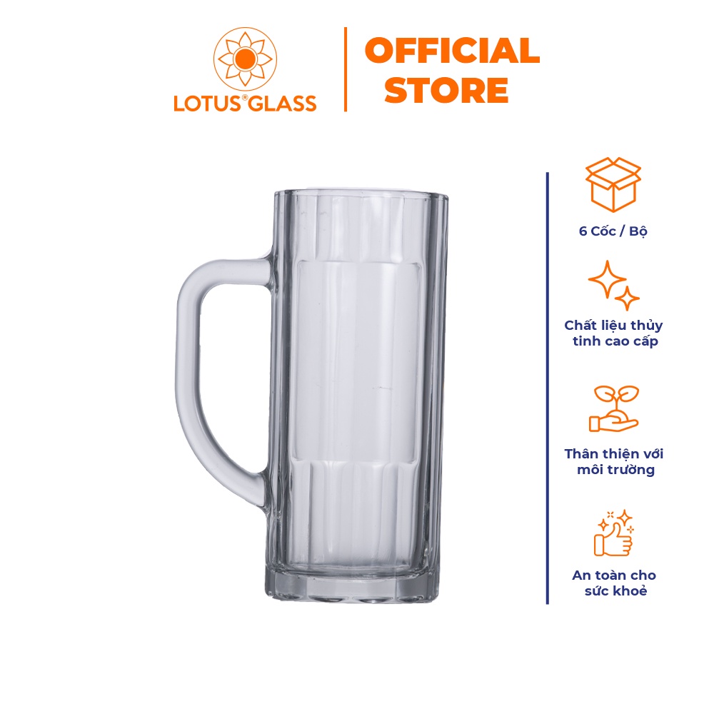 Bộ 6 cốc uống bia thủy tinh LOTUS GLASS VTC212 trong suốt có quai cao cấp, an toàn
