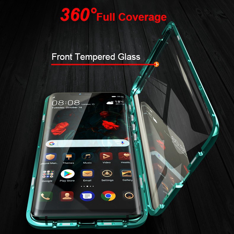 Ốp điện thoại mặt trước và sau bằng kính cường lực và kim loại từ tính cho Huawei Mate 20 Pro P20 P30 Nova 4E 3E