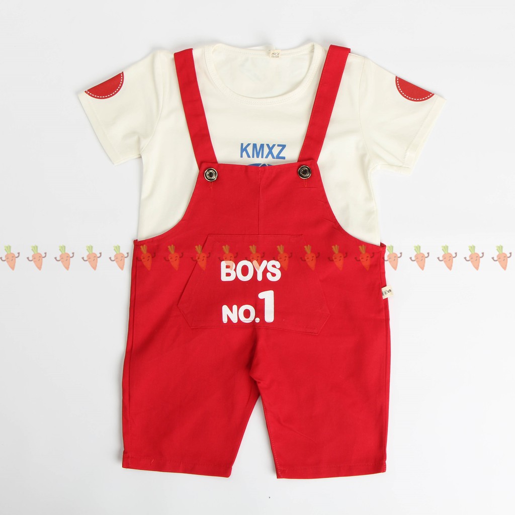 Set bé trai yếm quần kaki kèm áo thun cotton họa tiết Boys No.1 BBT2101