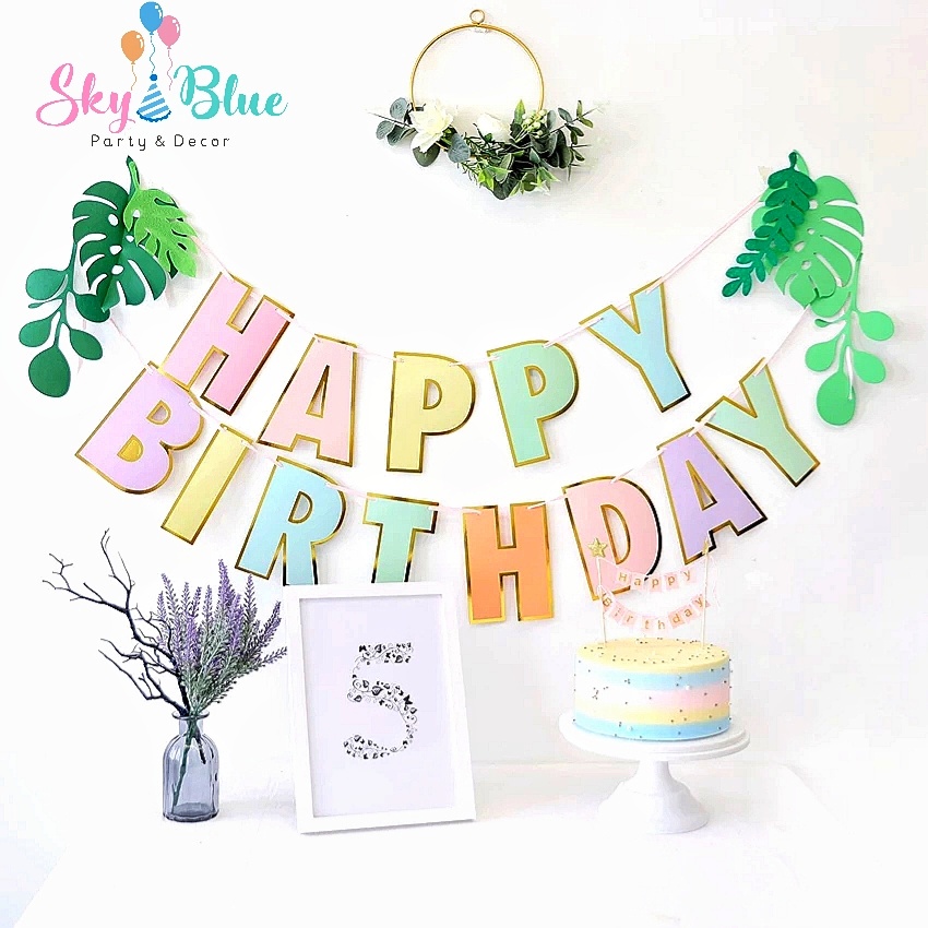 Dây cờ trang trí sinh nhật Happy Birthday màu macaron viền gold dễ thương, dây chữ trang trí sinh nhật màu pastel