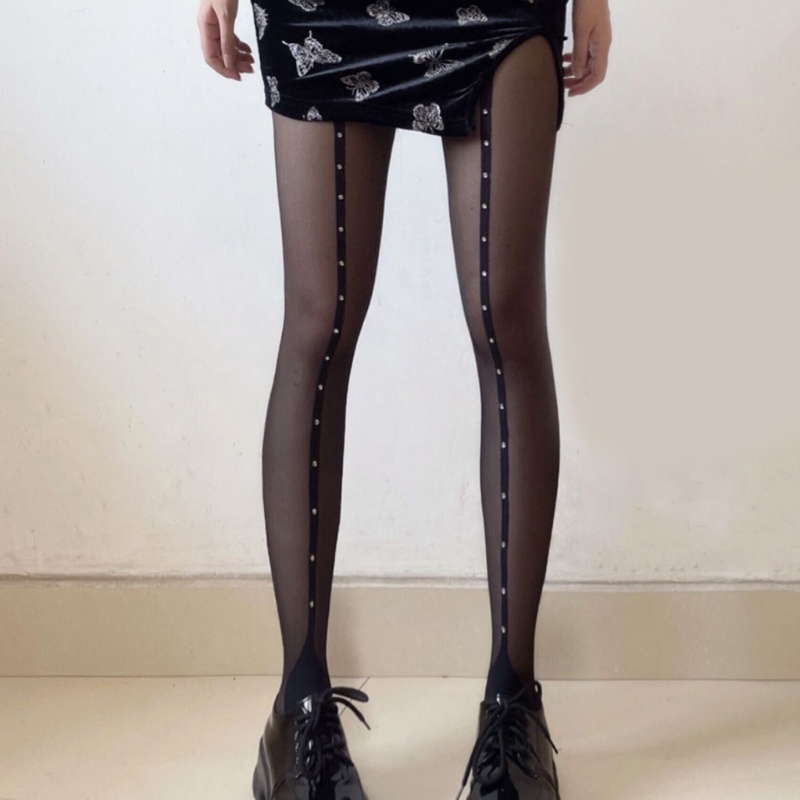 Xiangbao Quần Tất Mỏng Kẻ Sọc Đính Kim Cương Giả Đường Viền Tôm Vintage Cho Nữ Hàng Có Sẵn