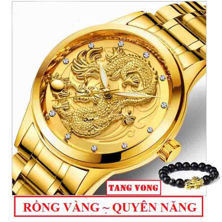 Đồng hồ nam mặt rồng ĐEN dây  hợp kim thép không gỉ Tặng vòng tay tỳ hưu
