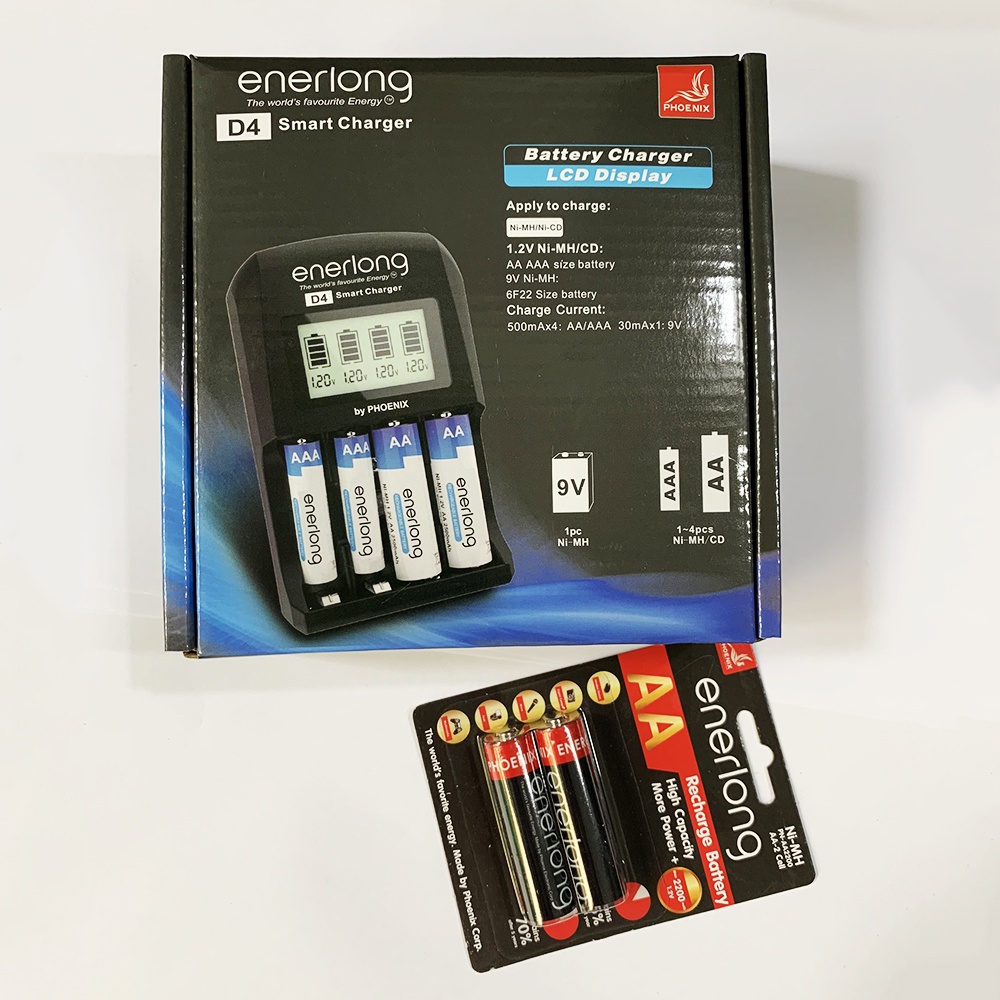 Combo máy sạc pin ENERLONG D4 Smart charger + KÈM pin sạc 4 viên AA 2200mAh, 2600mAh (Hàng nhập khẩu)