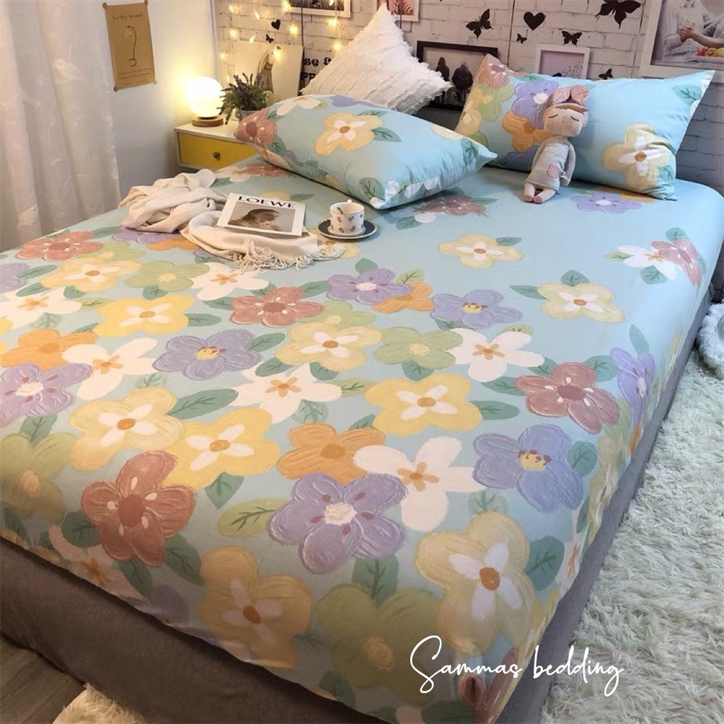 Ga Trải Giường 3 Món Cotton 100%, Bộ Drap Giường Hoa Xanh Kèm Vỏ Gối Thoáng Mát Bốn Mùa