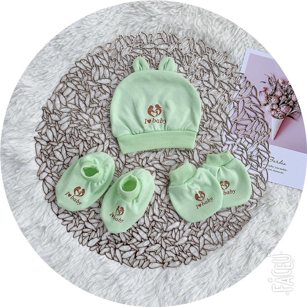 Set mũ bao tay chân i love baby hàng đẹp cho bé 0 - 3 tháng
