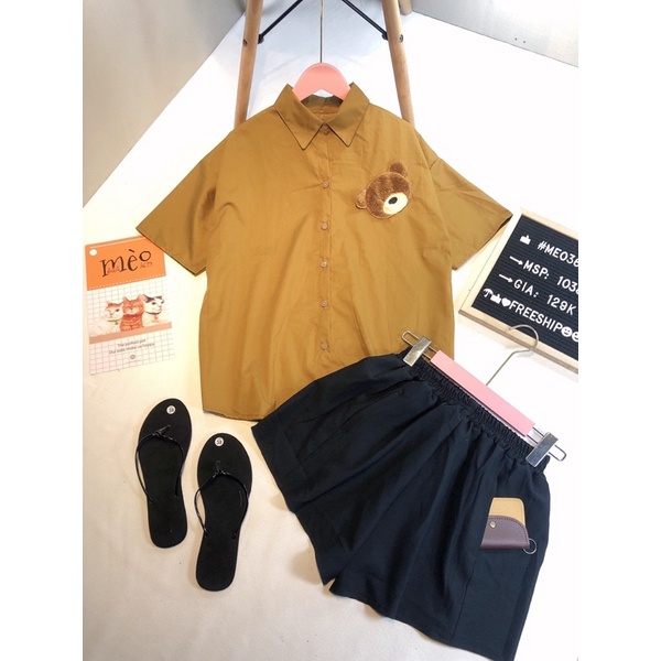 [Chuyên Sỉ] Bộ sơ mi gấu thêu nổi, quần chất kaki ống rộng có túi xéo, diện đi làm đi chơi đều sang xịn đẹp.