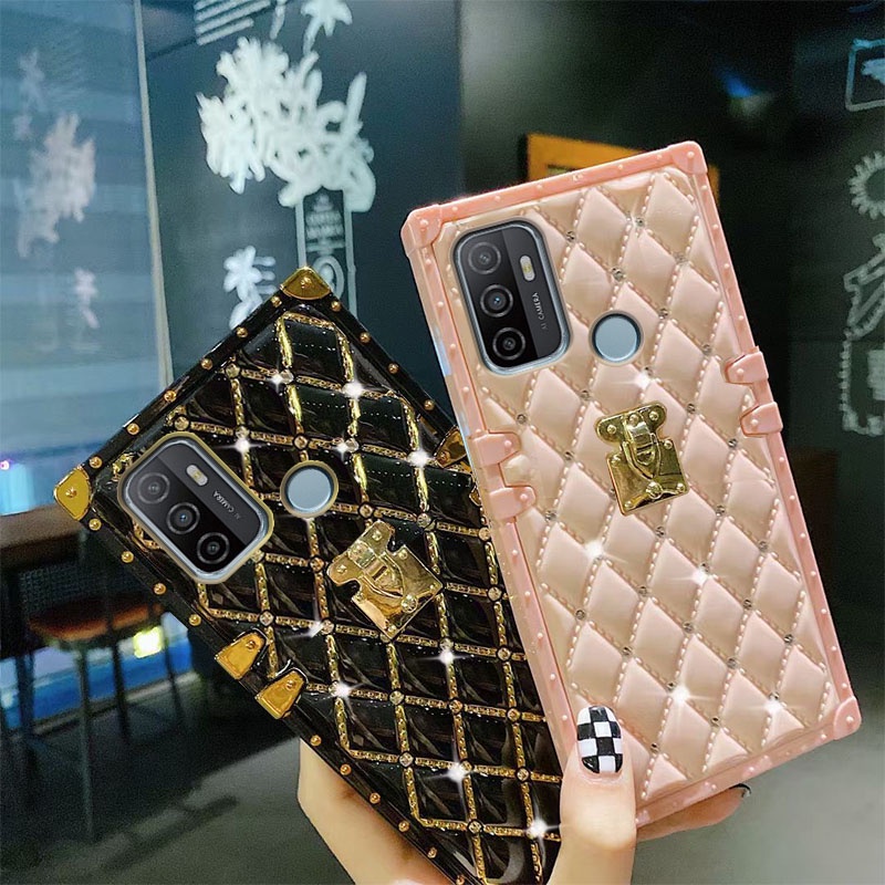 Ốp điện thoại vuông bọc da đính đá lấp lánh sang trọng thích hợp cho OPPO A53 A54 A16 A15 A15s