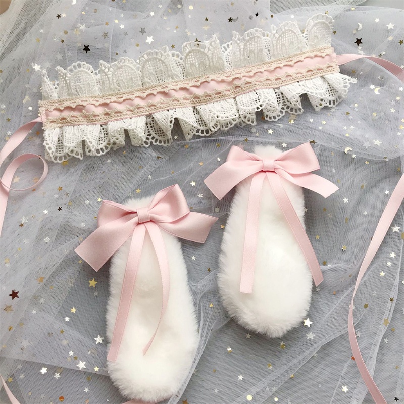 Băng Đô Tai Thỏ Bằng Lông Nhung Phối Bèo Nhún Có Thể Tháo Rời Hóa Trang