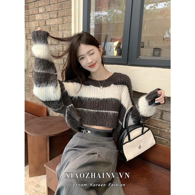 Áo sweater XIAOZHAINV dệt kim cổ tròn dáng rộng in kẻ sọc cá tính cho nữ