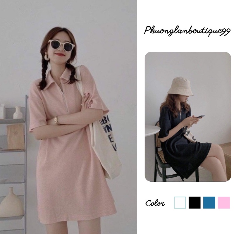 Đầm tiểu thư, Đầm cổ bẻ dáng suông tay lỡ khoá zip vintage chất tổ ong ba màu xanh hồng đen PHULA V21