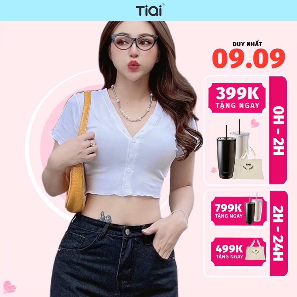 Áo croptop thun tay ngắn cổ tròn nút giữa nhiều màu TiQi Jeans A102