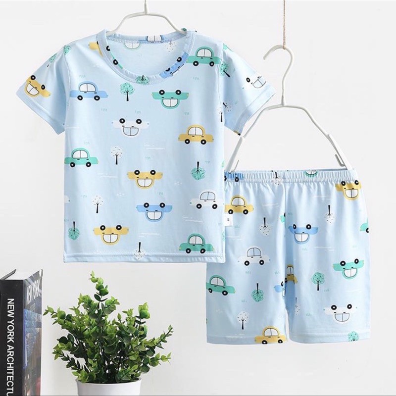 Đồ bộ bé trai KIXI bộ quần áo cotton co giãn hoạ tiết ô tô quần áo cho bé trai size đại 6-15 tuổi CMQA08