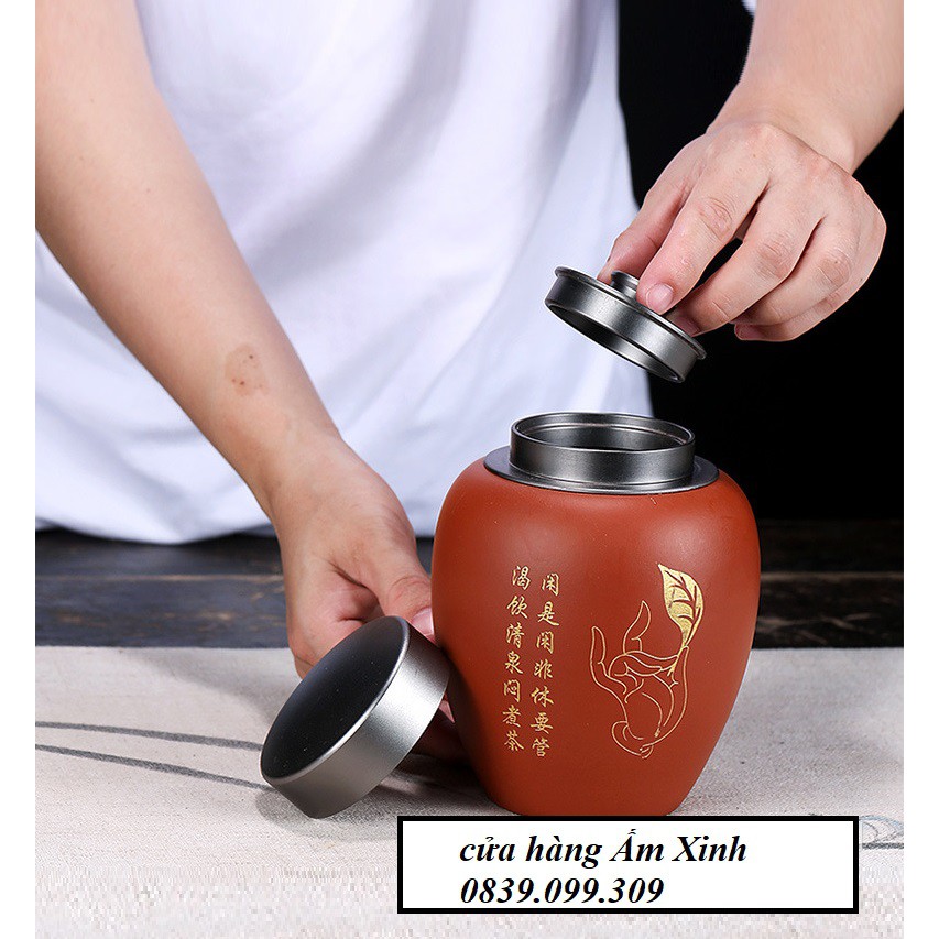 (Tử Sa) Hũ đựng trà nắp thép không gỉ 02 lớp siêu khít loại lớn (Đại Hồng Bào)