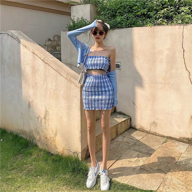 [Mã 2611THTRANG100K hoàn 10% xu đơn 99K] SET ĐẦM CARO KHOÉT EO KÈM KHOÁC XANH | BigBuy360 - bigbuy360.vn