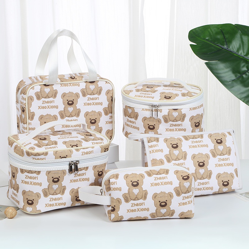 Túi Đựng Đồ Trang Điểm Cầm Tay Chống Nước Sức Chứa Lớn Có Khóa Kéo in Hình Gấu Dễ Thương