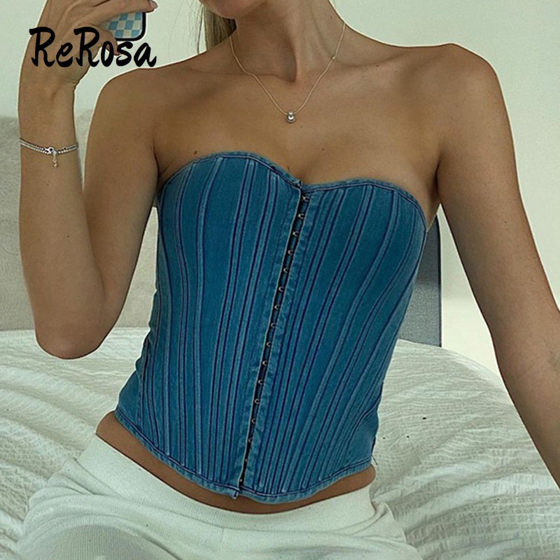 Rerosa Áo Denim Hai Dây Dáng Ôm Gợn Sóng Màu Trơn | BigBuy360 - bigbuy360.vn