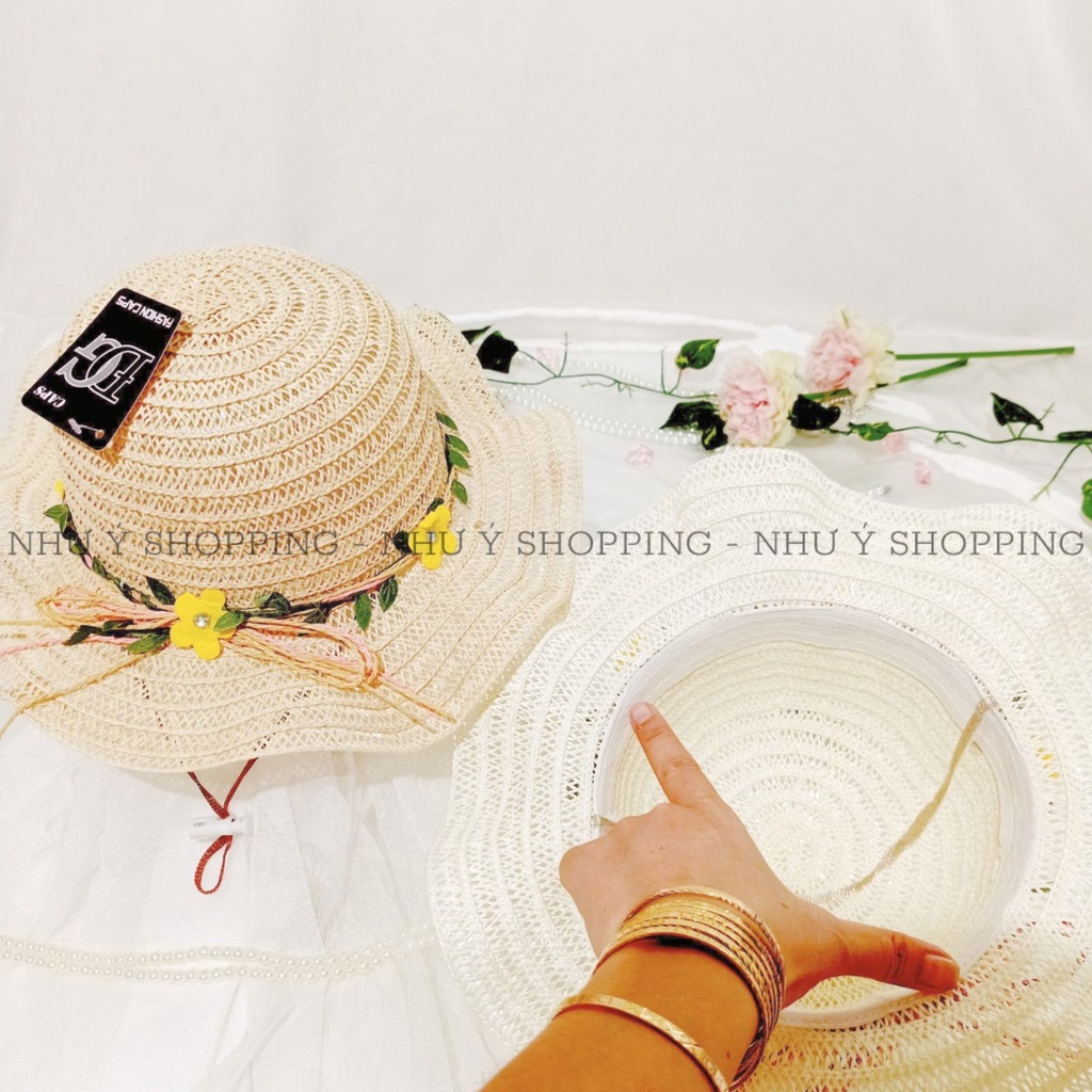 Nón mũ cói mềm vành lượn sóng hoa lá tiểu thư xinh cho bé gái có dây rút điều chỉnh,trên 4 tuổi vừa-q12 sóng bé