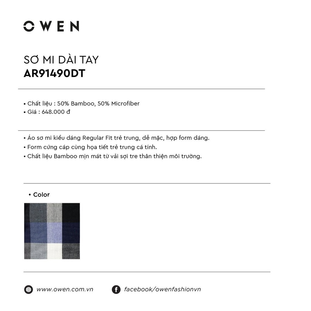 OWEN - Áo sơ mi dài tay Owen regular fit chất sợi sen ca rô màu xanh ĐEN AR 91490 . ↺