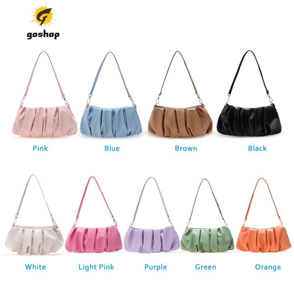 (GO ) Fashion Pleated Shoulder Handbag Women Solid PU Elegant Underarm Cloud Bag