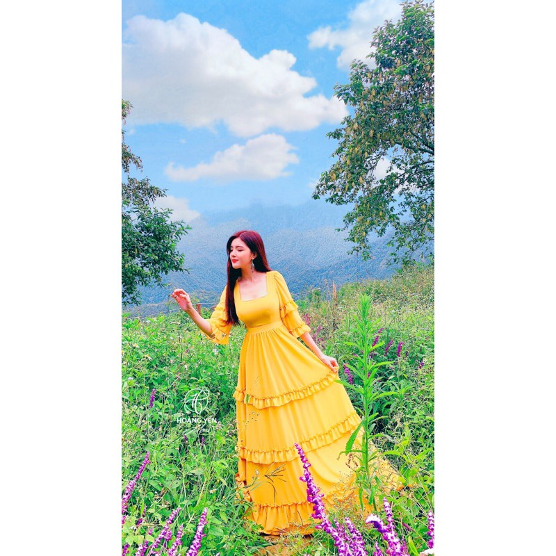 [🌼Hàng sẵn] Đầm maxi vàng đan dây hở lưng tay dài du lịch hottrend | BigBuy360 - bigbuy360.vn