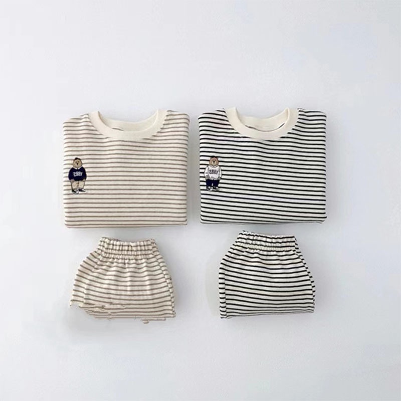 Set Đồ Thể Thao Hai Mảnh Gồm Áo Sweater Kẻ Sọc Và Quần Dài In Hình Gấu Hoạt Hình Phong Cách Hàn Quốc Thời Trang Xuân Thu Cho Bé Gái 80VC