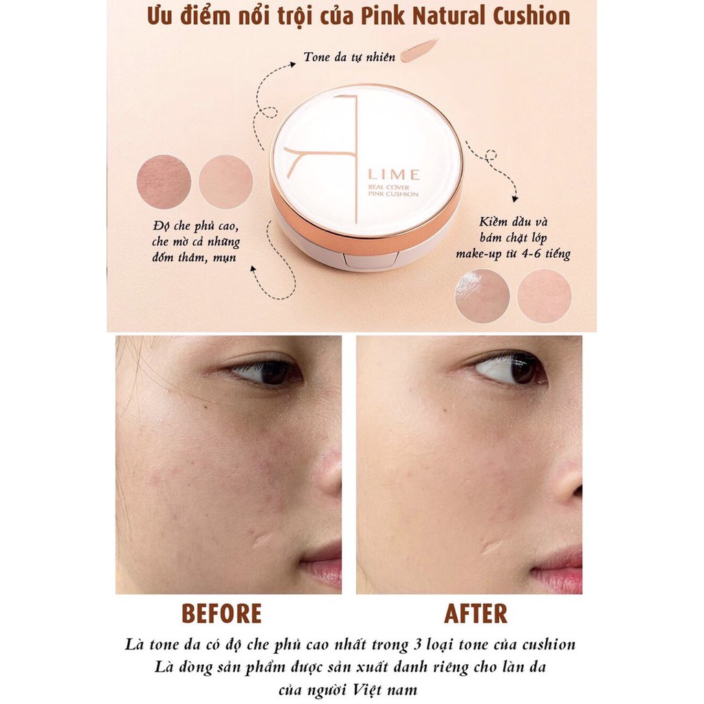 Phấn Nước Kiềm Dầu Phiên Bản Che Phủ Cao Lime Real Cover Pink Cushion SPF50+ PA+++ 20g Tone Tự Nhiên (To | BigBuy360 - bigbuy360.vn