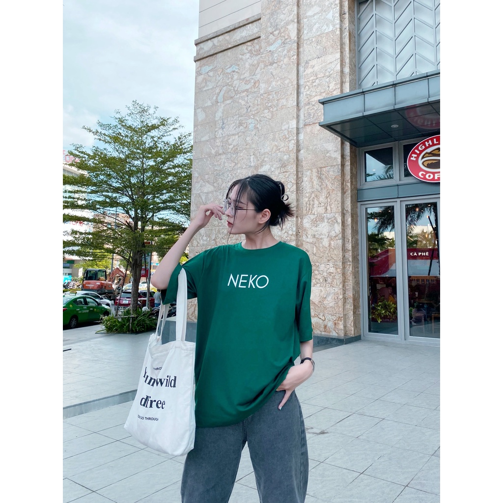 Áo thun xanh rêu tay lỡ form rộng NEKO unisex Neko.sg ATL306
