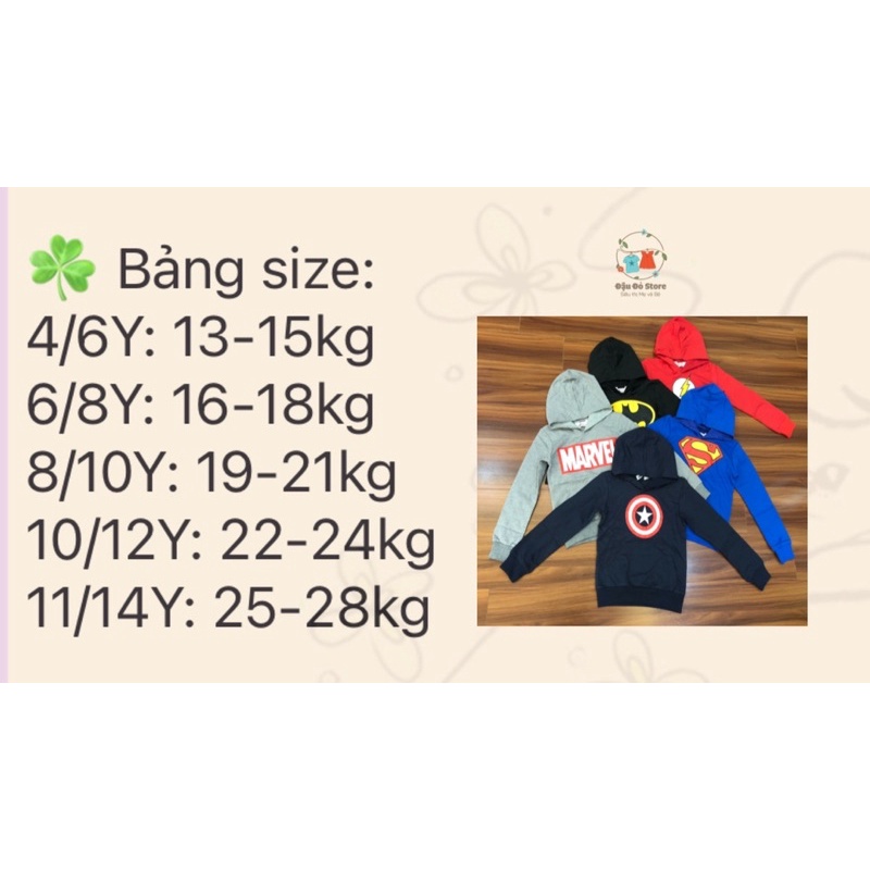 Áo thu đông Bé Trai Hoodie chất nỉ cotton mềm có mũ size 4-14 tuổi